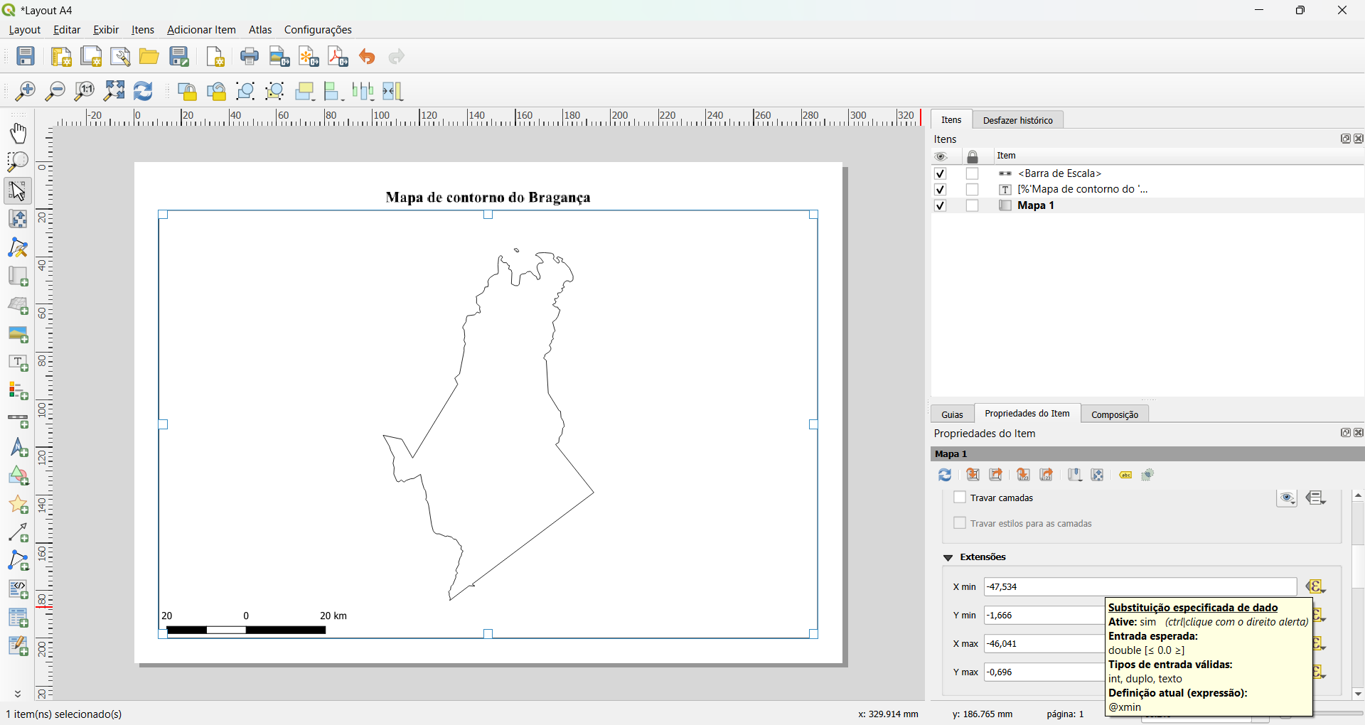 Interface do QGIS mostrando layout cartográfico automatizado