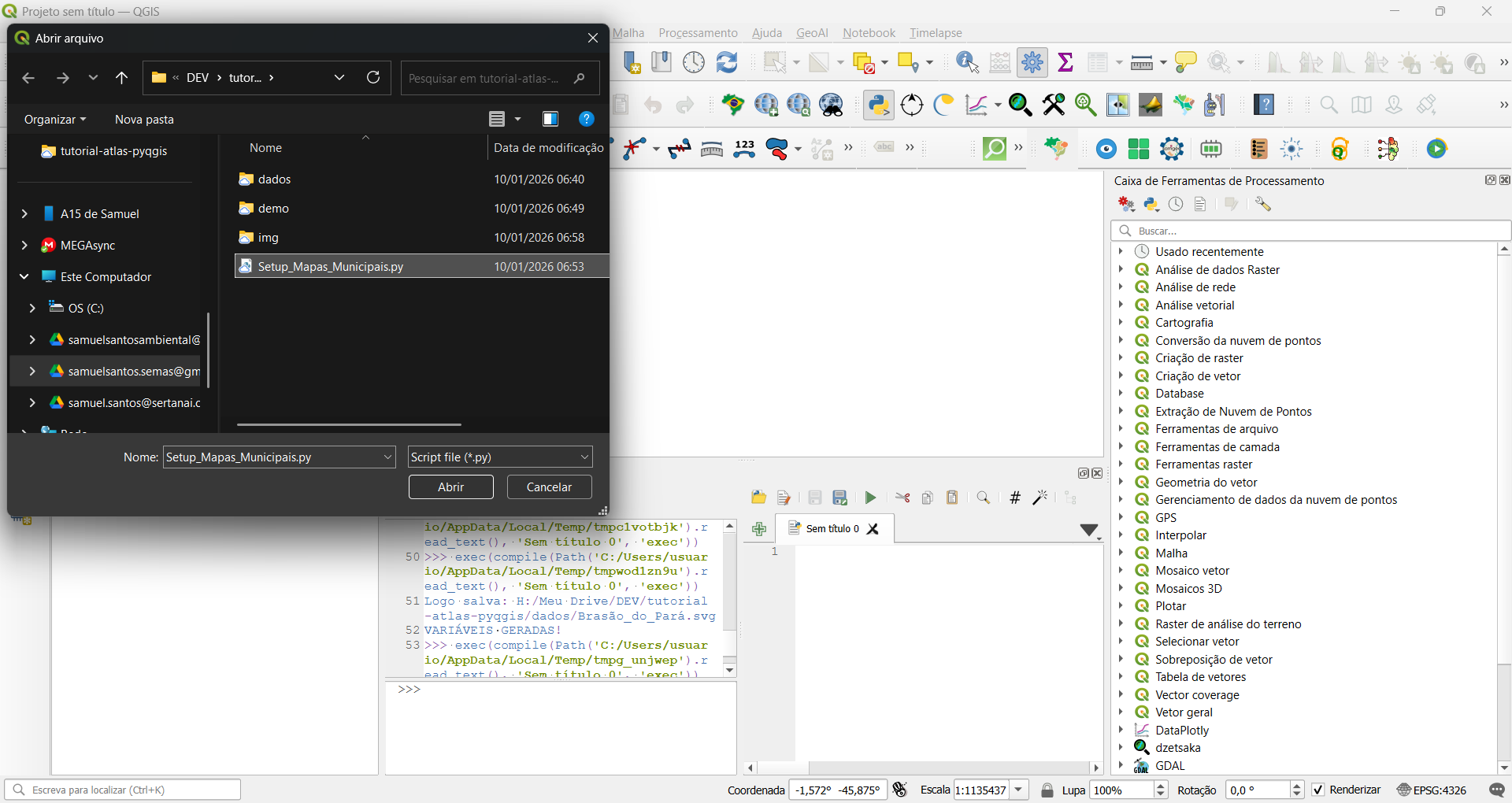 Selecionando o script de configuração