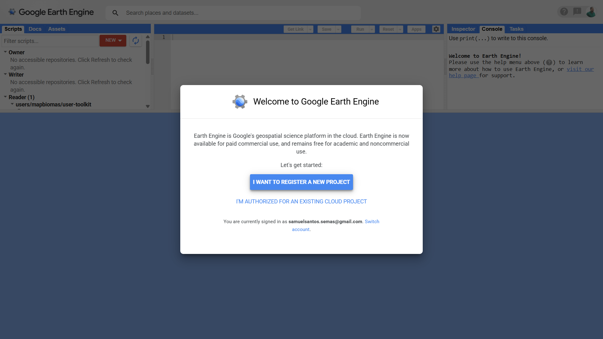 Tela inicial do Google Earth Engine solicitando registro de projeto