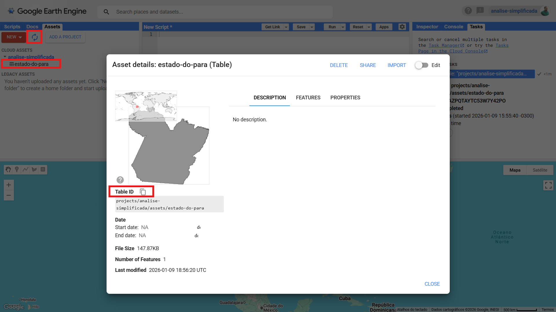 Detalhes do asset com botão para copiar o Table ID
