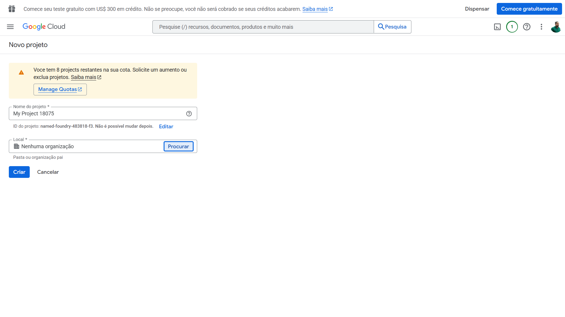 Formulário de criação de novo projeto no Google Cloud