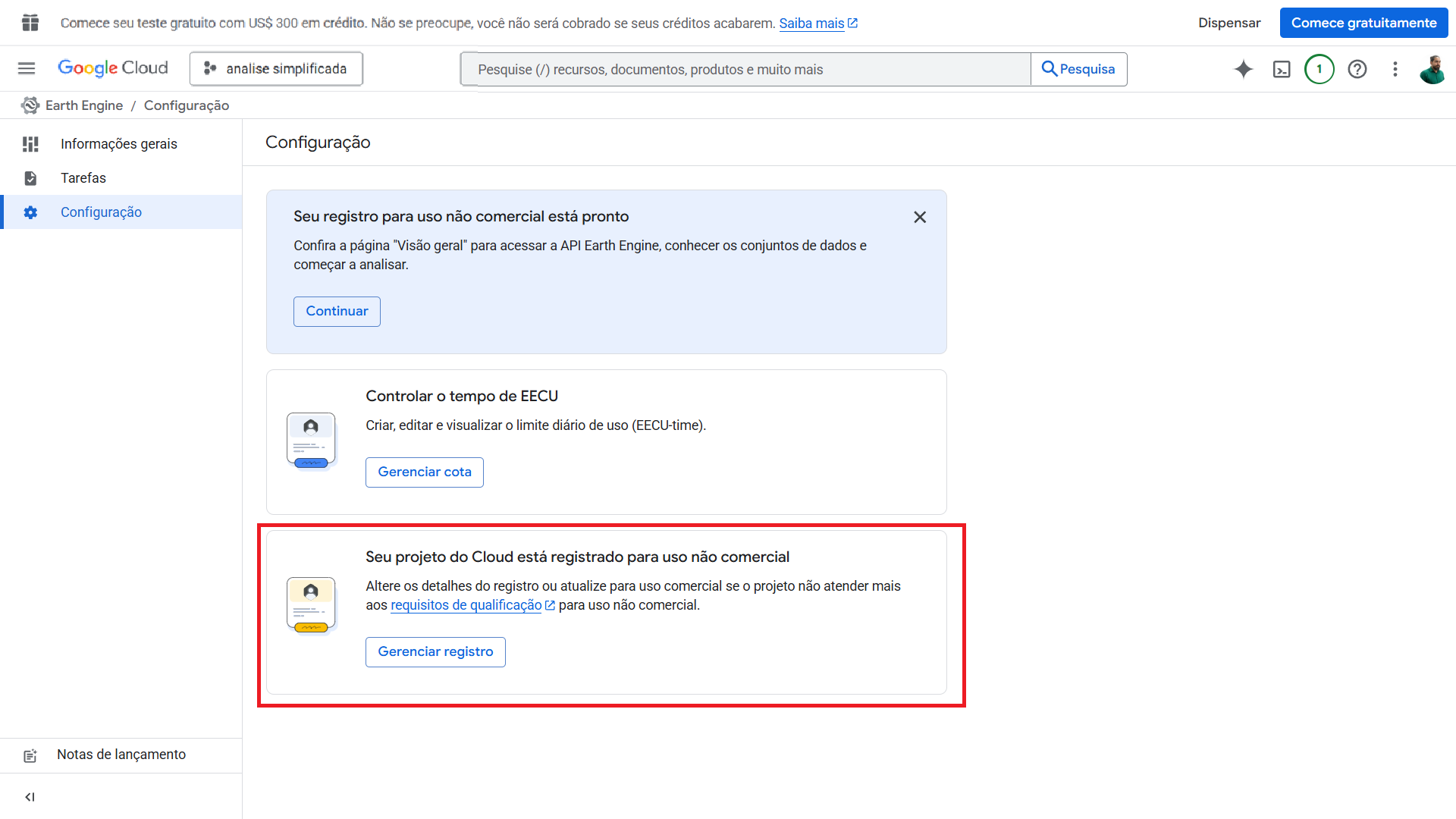 Seleção entre uso comercial e não comercial do Google Earth Engine