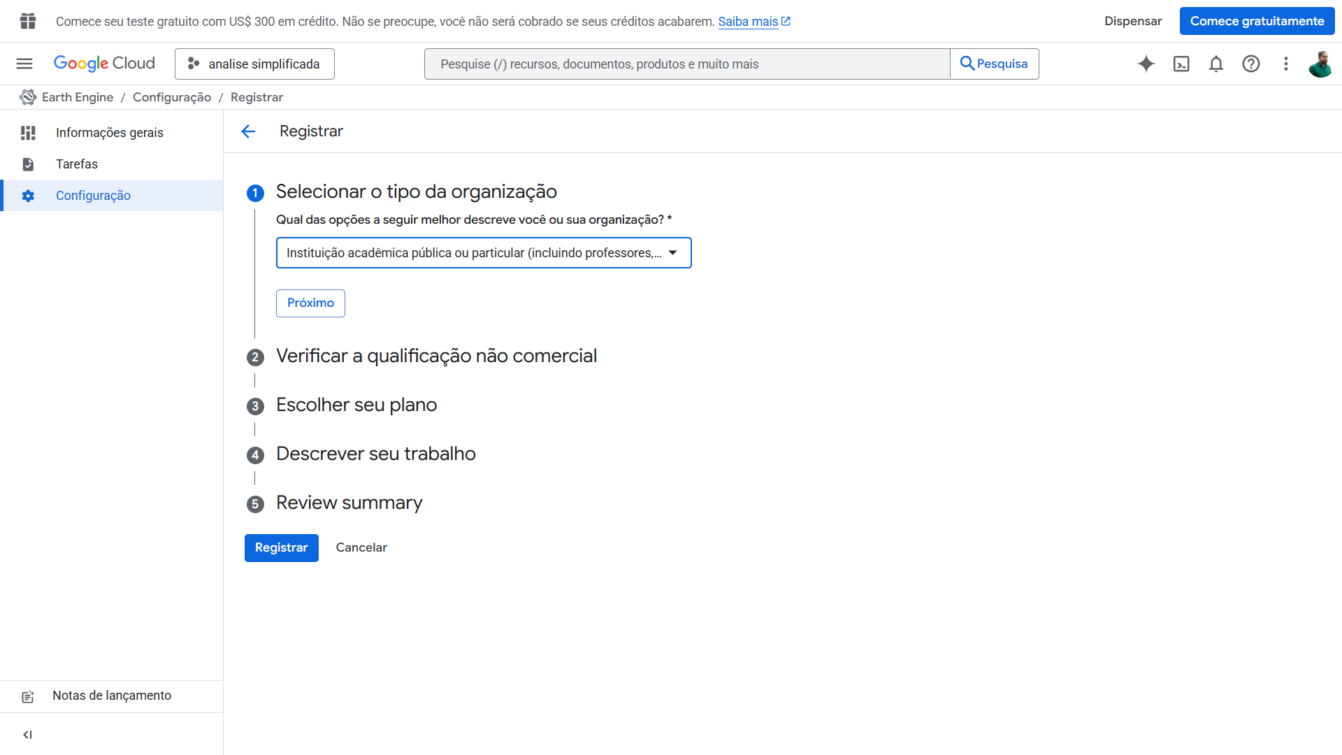 Seleção do tipo de organização no formulário de registro