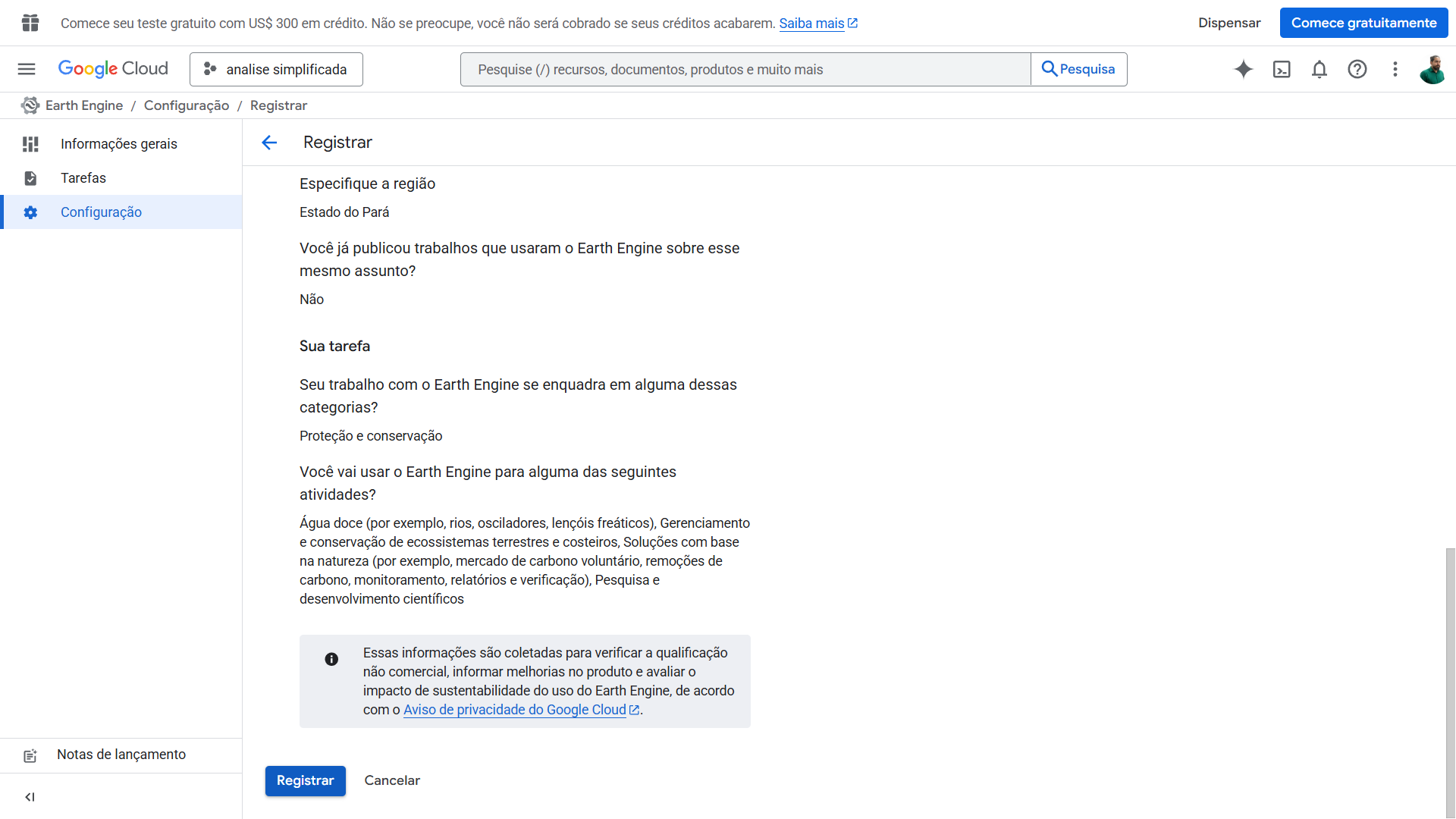 Tela de revisão e confirmação dos dados do registro
