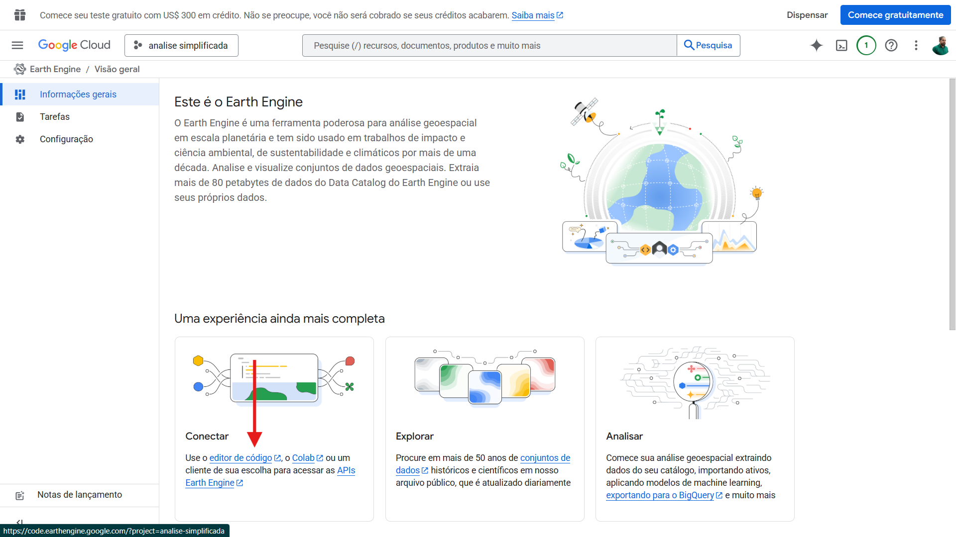 Tela do Google Cloud com link para o Code Editor