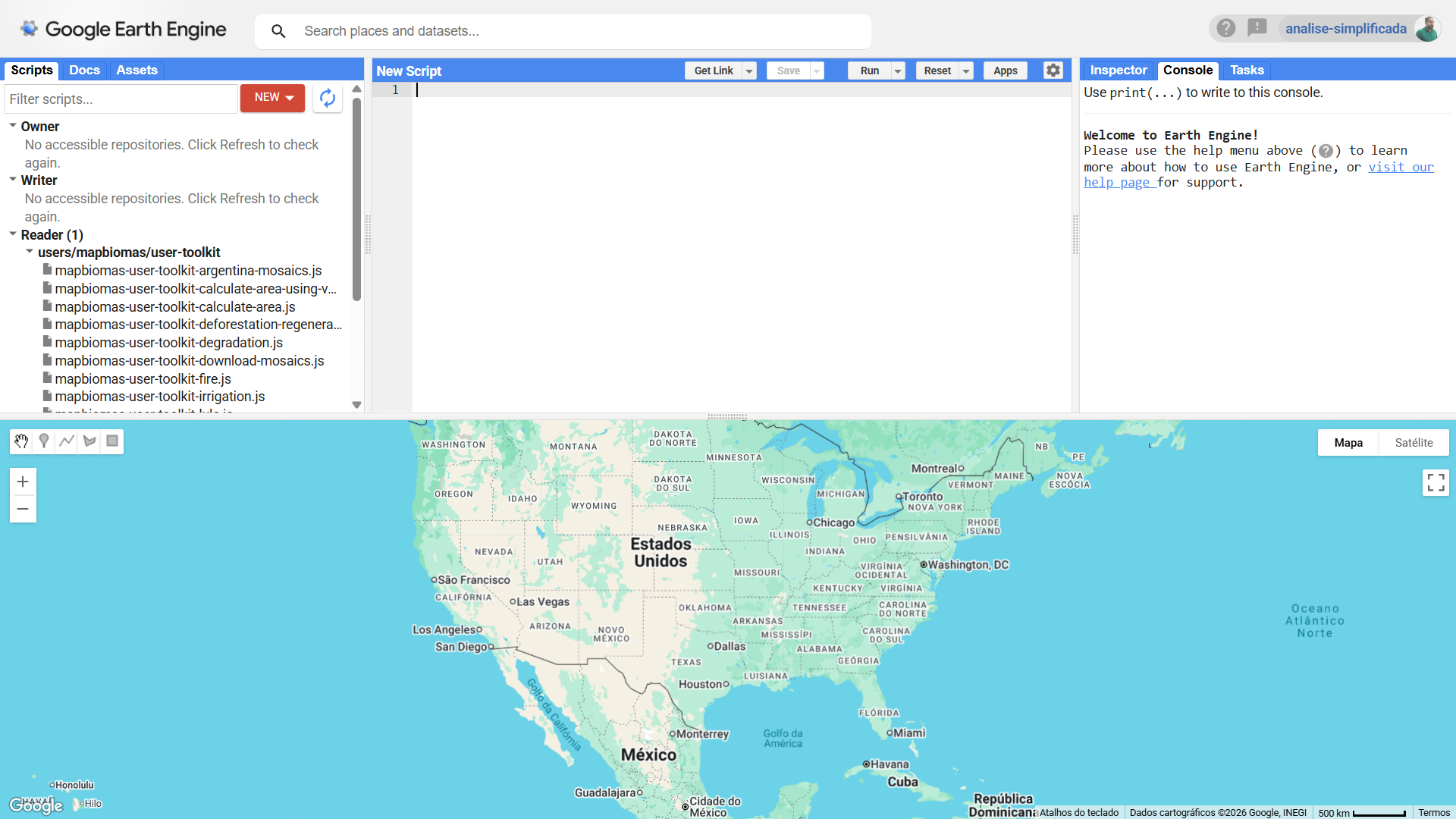 Interface completa do Google Earth Engine Code Editor