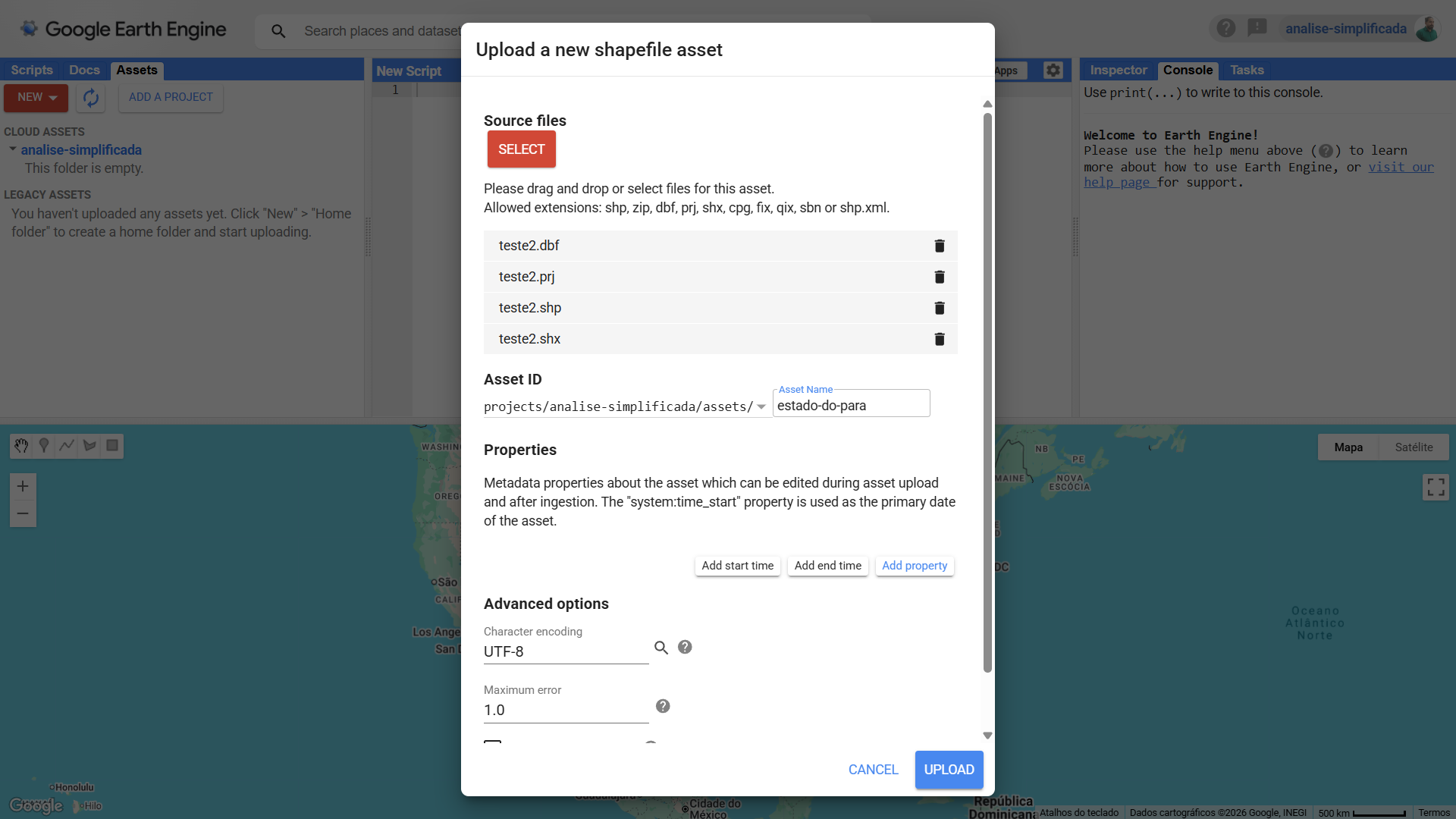 Configuração do nome do asset e botão de upload