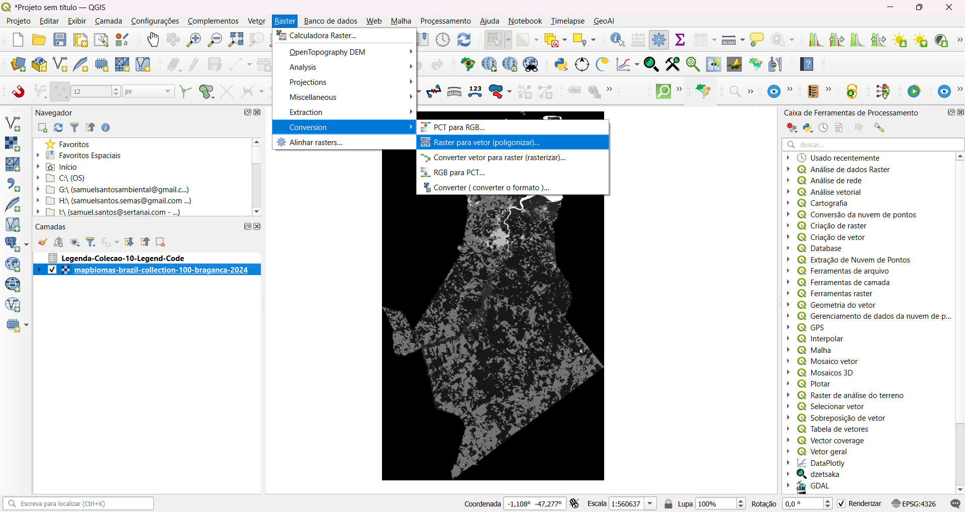 Menu de poligonização no QGIS